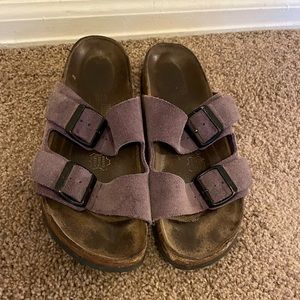 Birkenstock Arizona with lavender straps